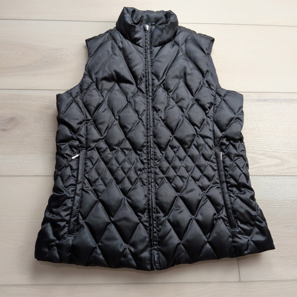 Lands End Diamond Quilted Down Puffer Vest Womens Small Black Full Zip
